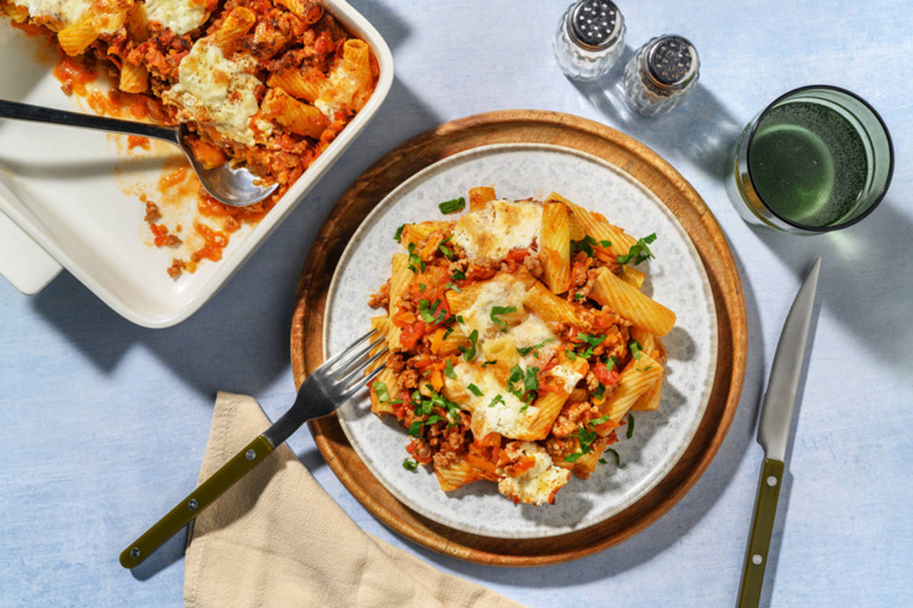 Rigatoni al ragú de ternera con mozzarella italiana con verduras y perejil fresco
