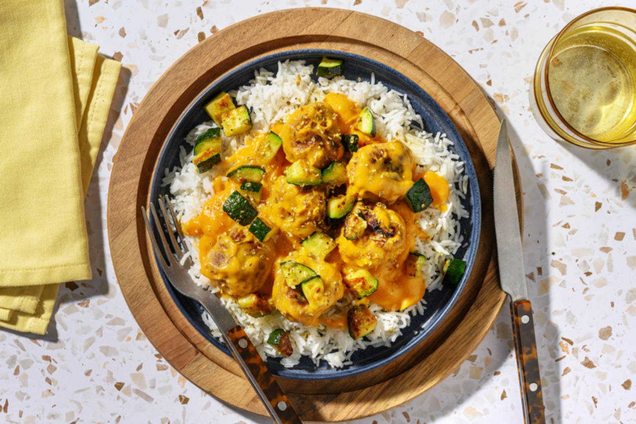 Albóndigas de cerdo en salsa casera de boniato con calabacín y arroz