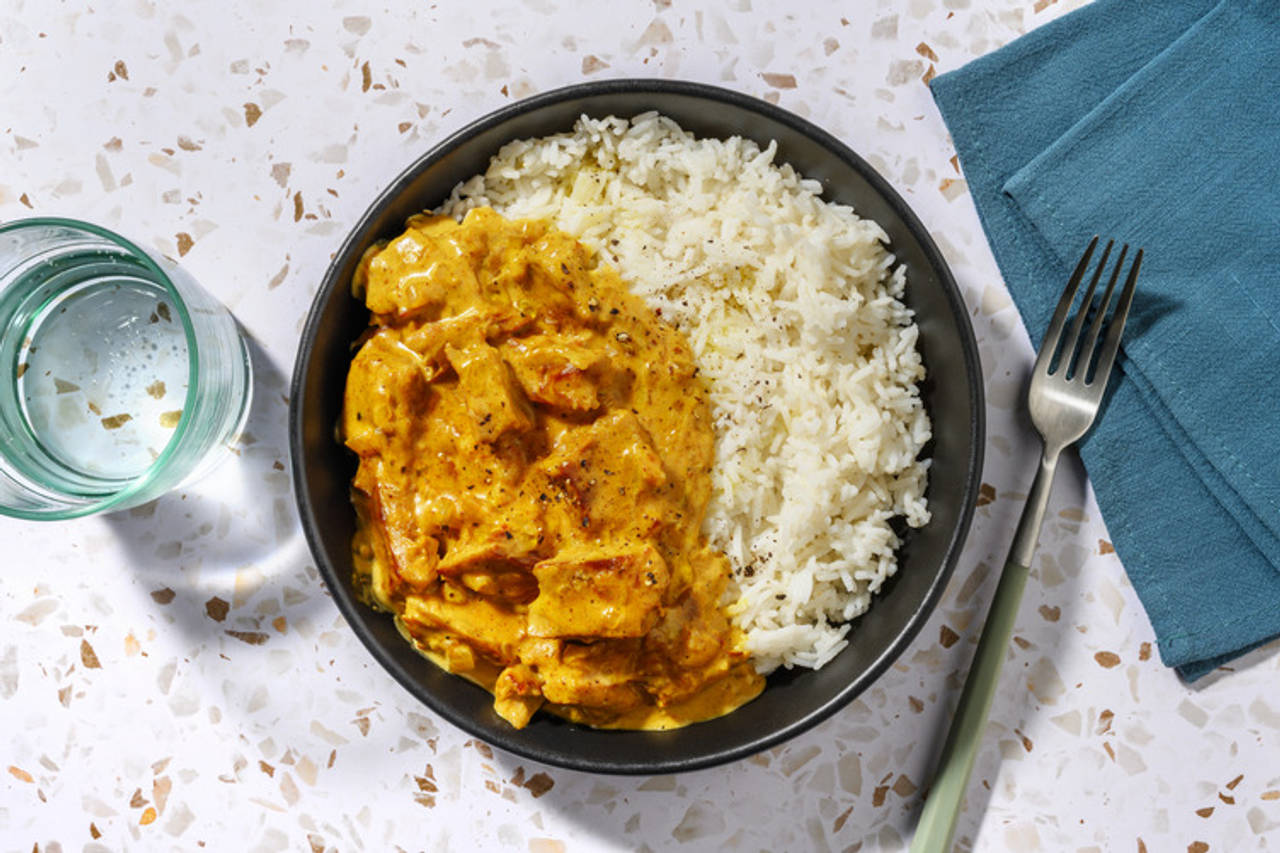 Heura en curry rápido de korma con arroz basmati