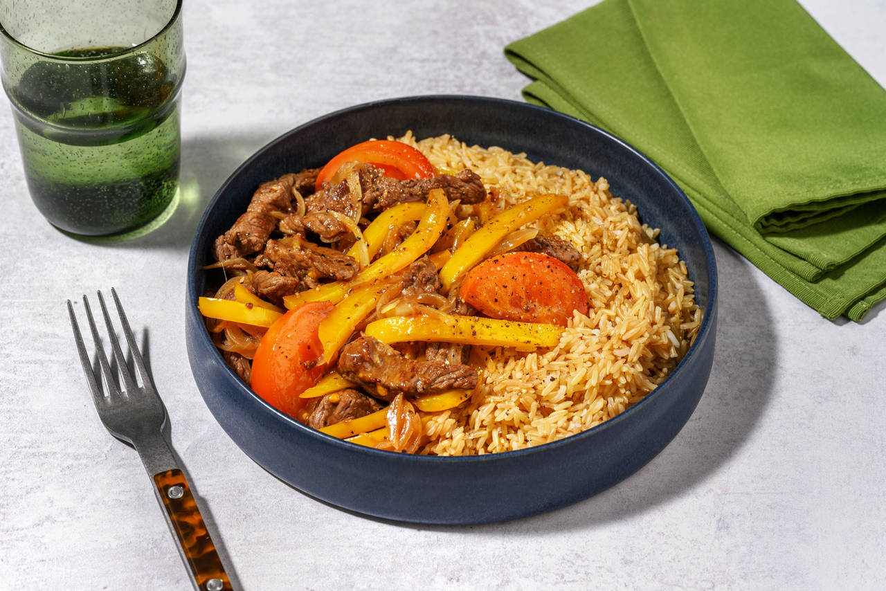 Ternera con verduras en salsa dulce con arroz integral