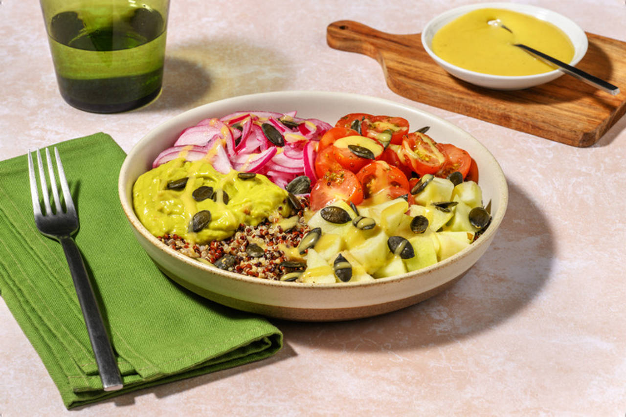 Bol rápido de salmón, quinoa y aguacate cherrys y vinagreta de mostaza y miel