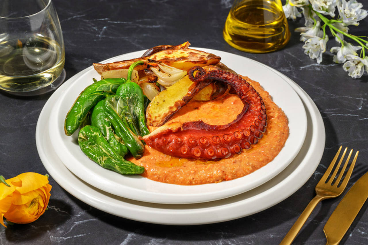 Pulpo con salsa romesco casera con pimientos del padrón, cebolla y patatas asadas