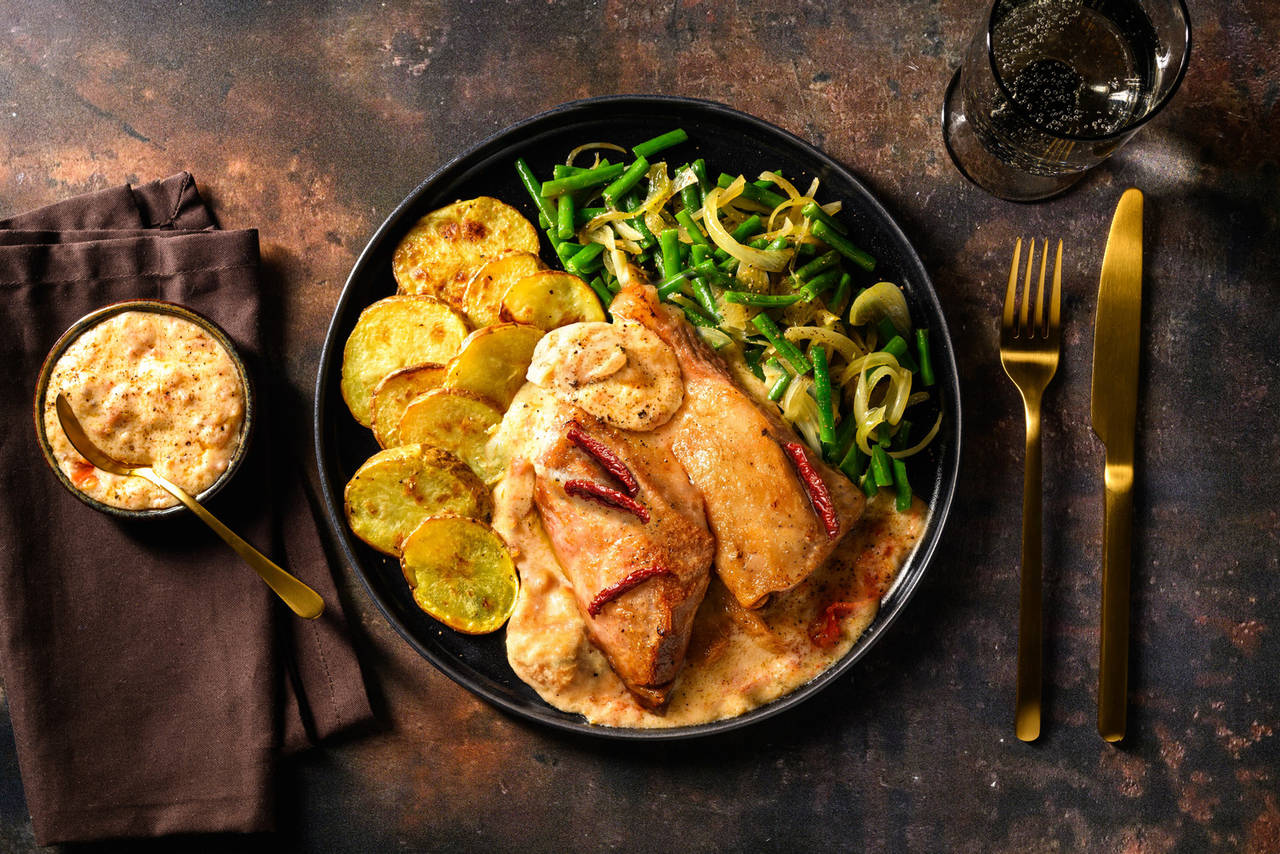 Secreto de cerdo con salsa de tomate seco y pecorino con patatas al horno y judías verdes salteadas