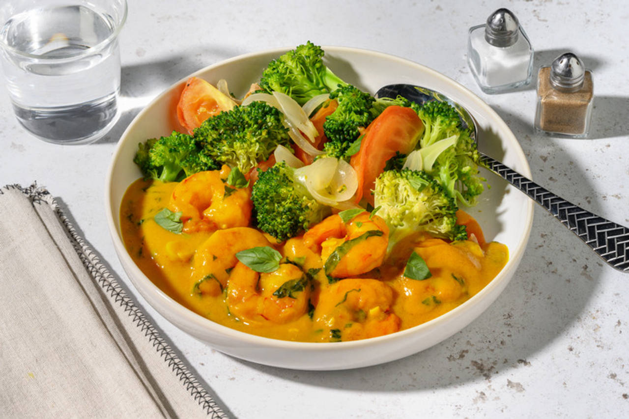 Gaeng Kari Goong: curry de langostinos con albahaca con brócoli, cebolla y tomates salteados