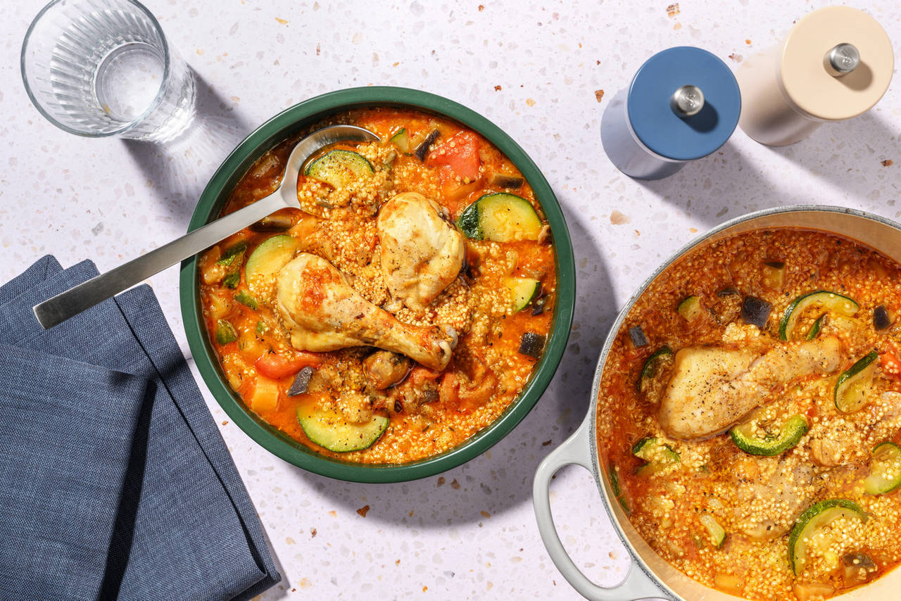 Jamoncitos de pollo al estilo mediterráneo guisados con verduras y quinoa