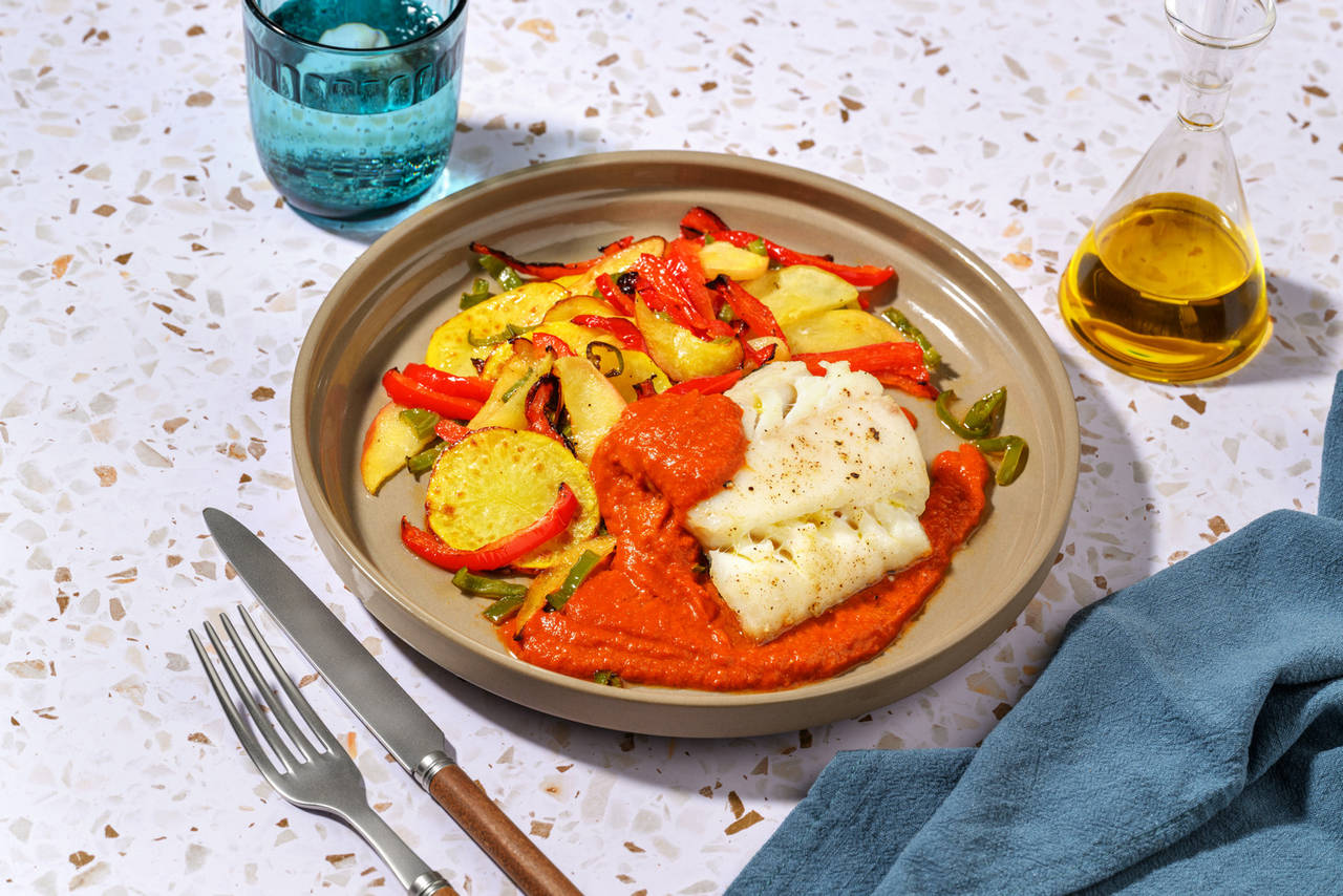 Bacalao asado con crema vizcaína con patatas, pimientos y manzana al horno