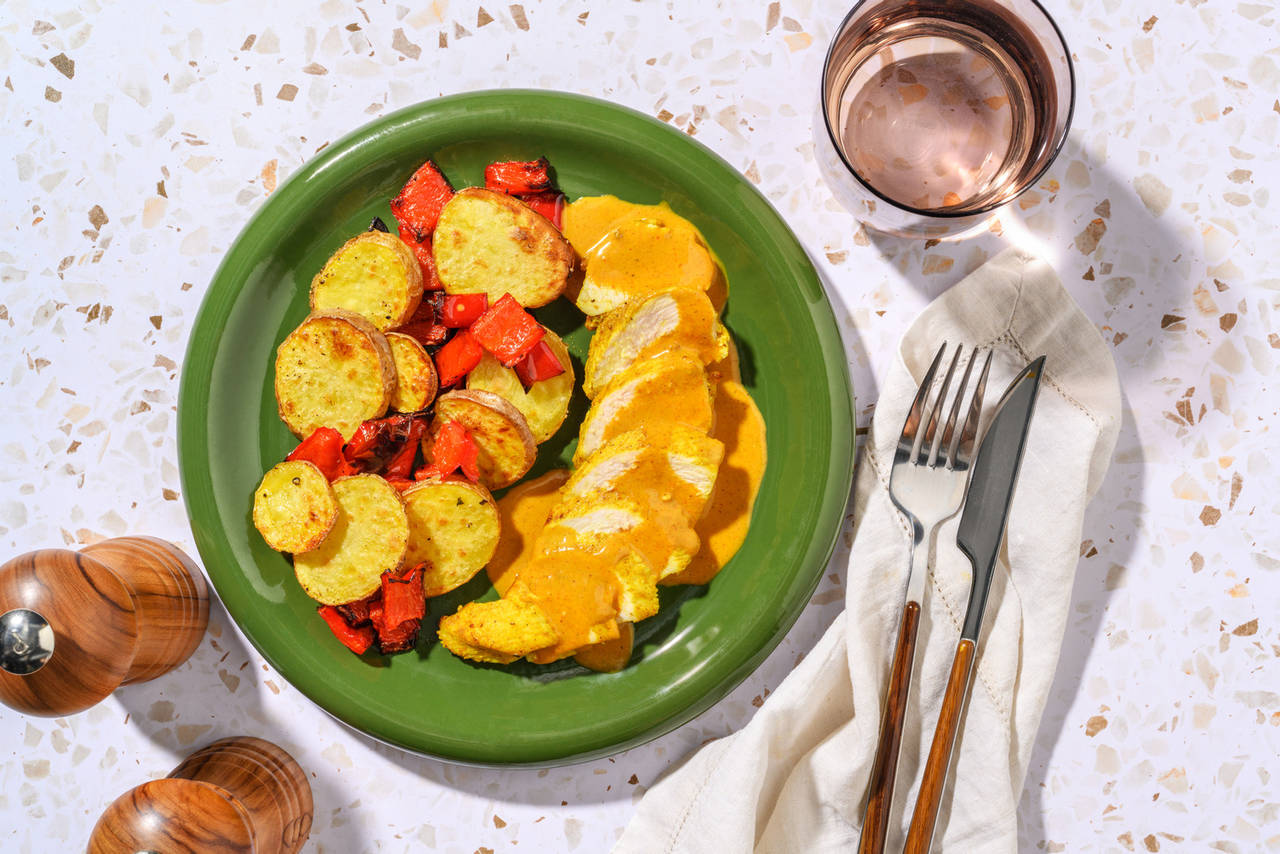 Pollo con curry al estilo japonés acompañado con patatas crujientes al horno