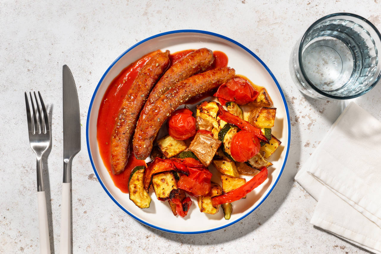 Salchichas al horno en salsa de tomate con patatas y verduras asadas