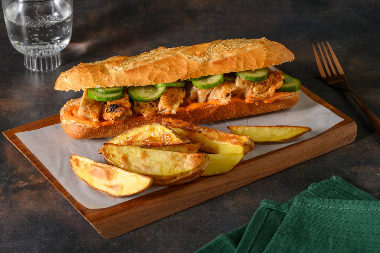 Baguette crujiente de pollo frito picante con pepinillos caseros y patatas al horno