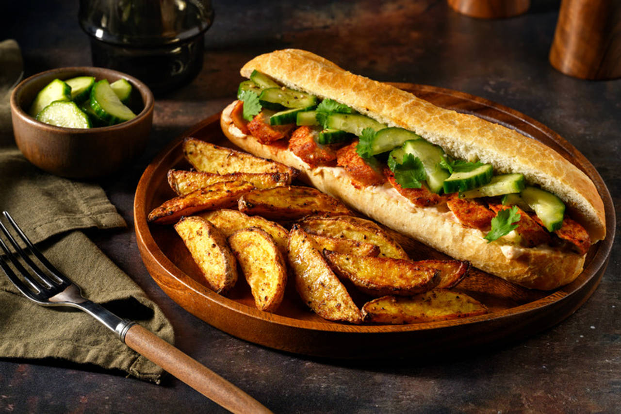 Banh Mi de lomo adobado con mayonesa de kimchi acompañado con patatas especiadas y pepino encurtido