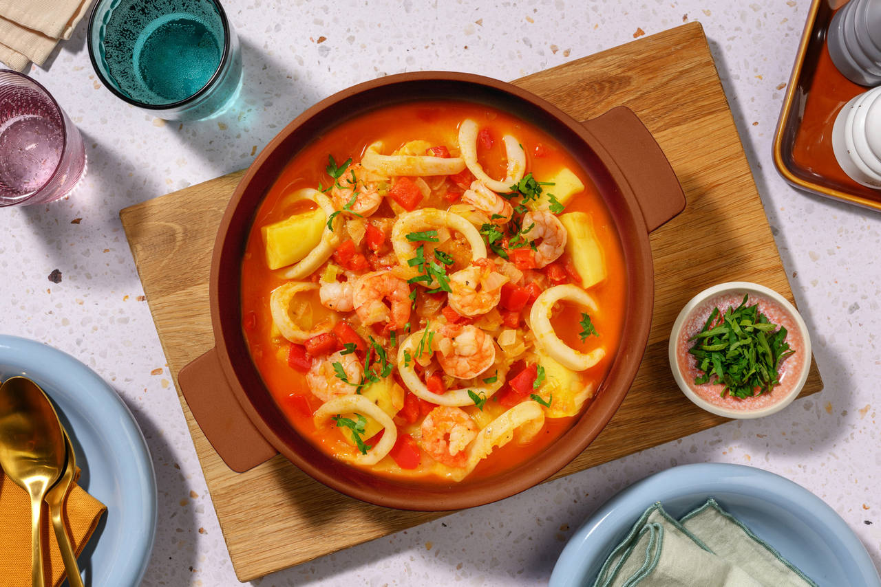 Guiso casero de marisco y verduras con langostinos, calamar gigante y perejil