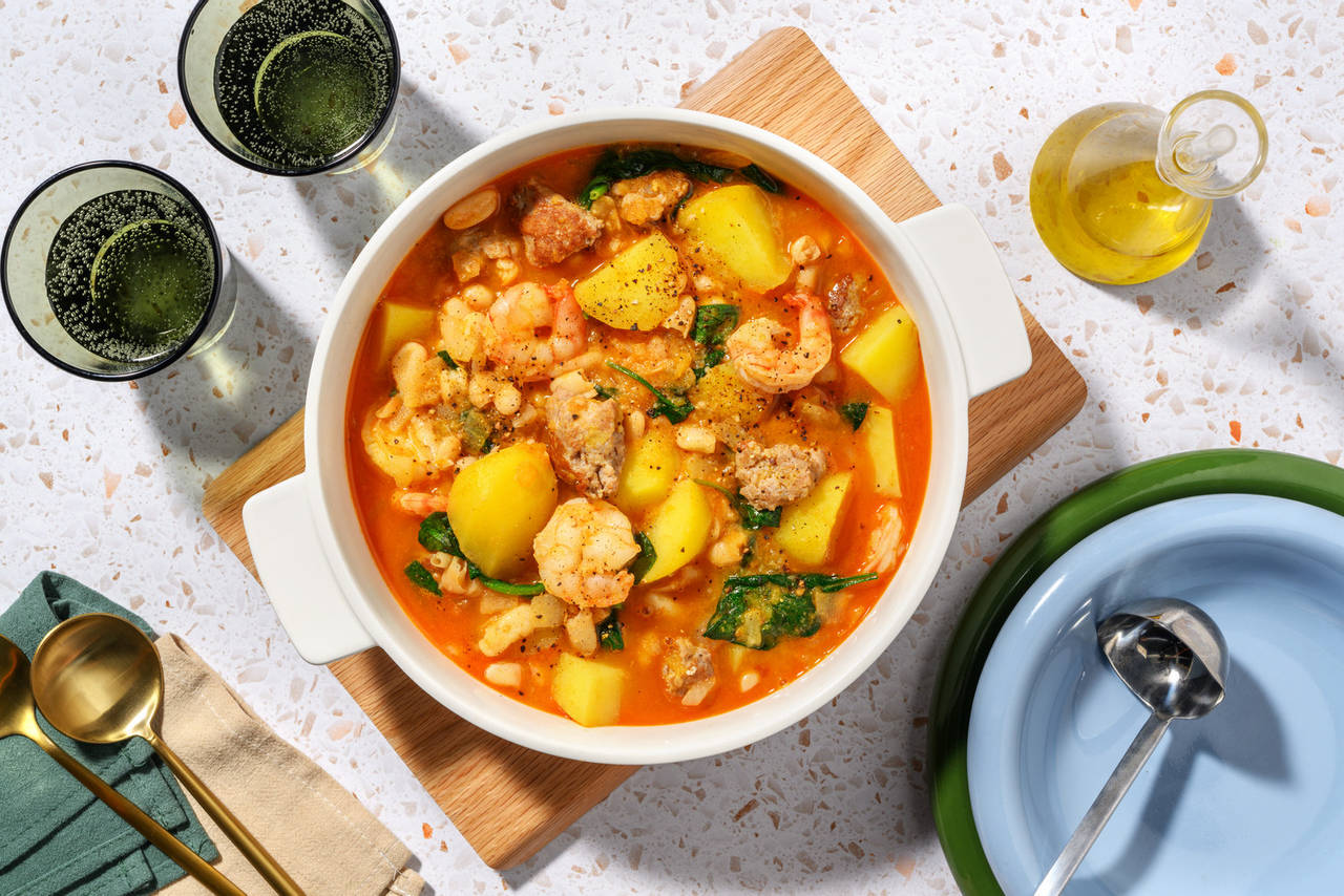 Estofado de alubias con langostinos grandes y butifarra con verduras
