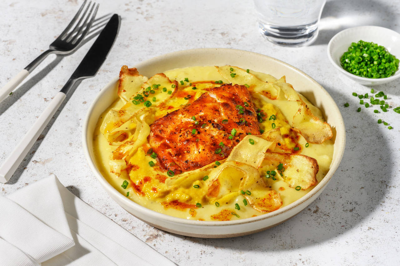 Extra de merluza al estilo cajún con chirivía crujiente con crema de maíz y puré de patatas