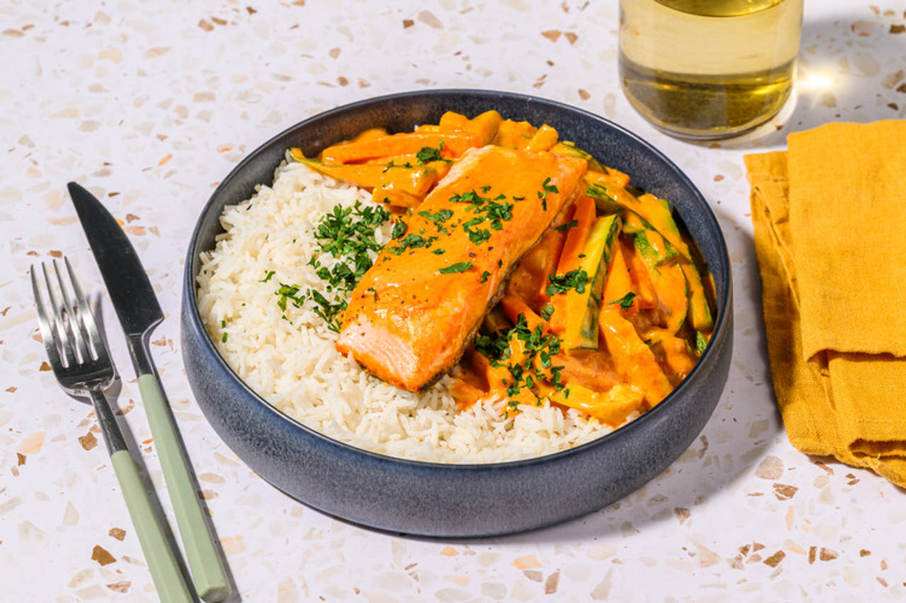 Salmón al curry rojo con calabacín y zanahoria con cilantro y arroz