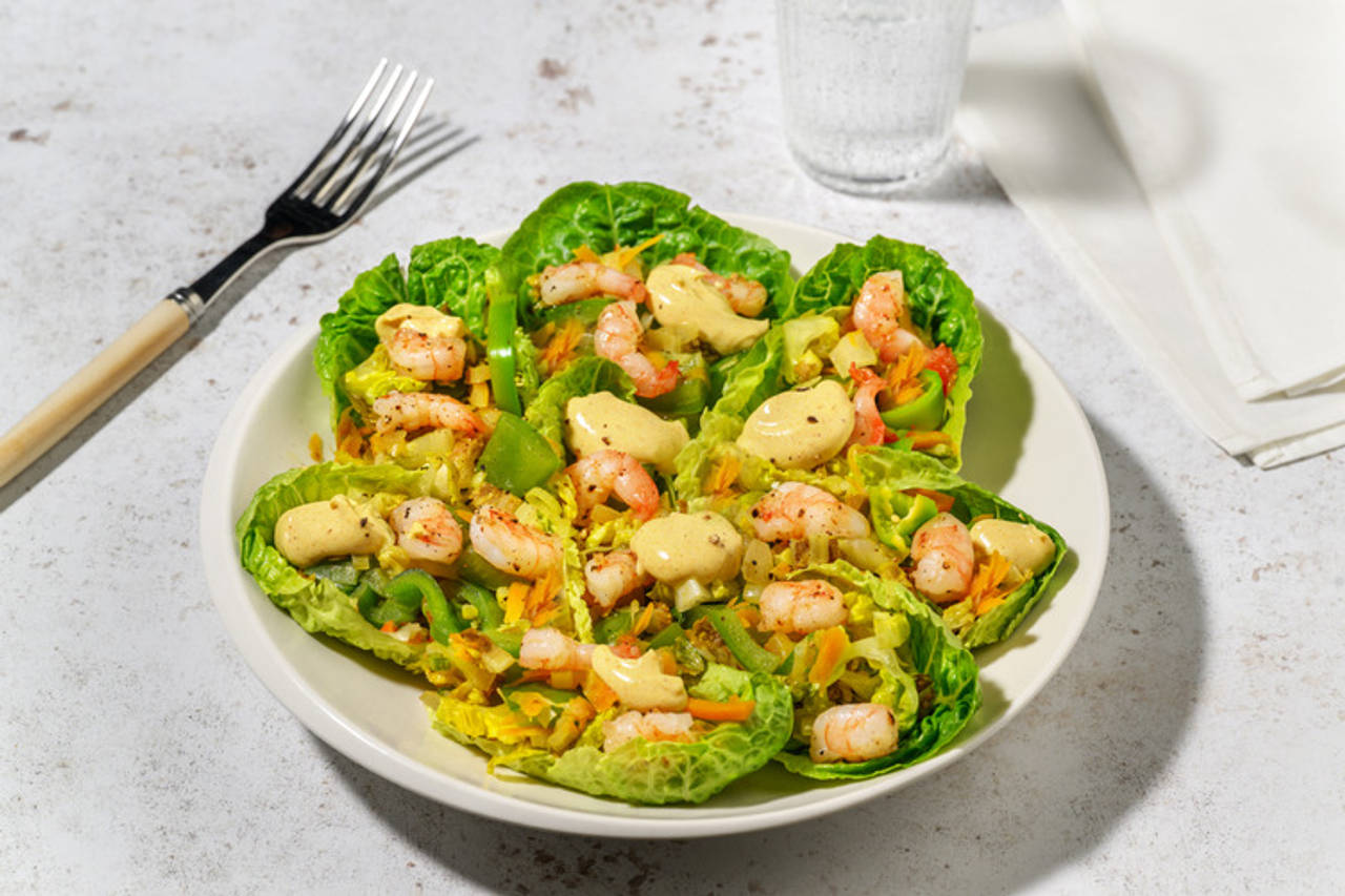 Ssam de extra de langostinos con mayonesa de curry con verduras salteadas