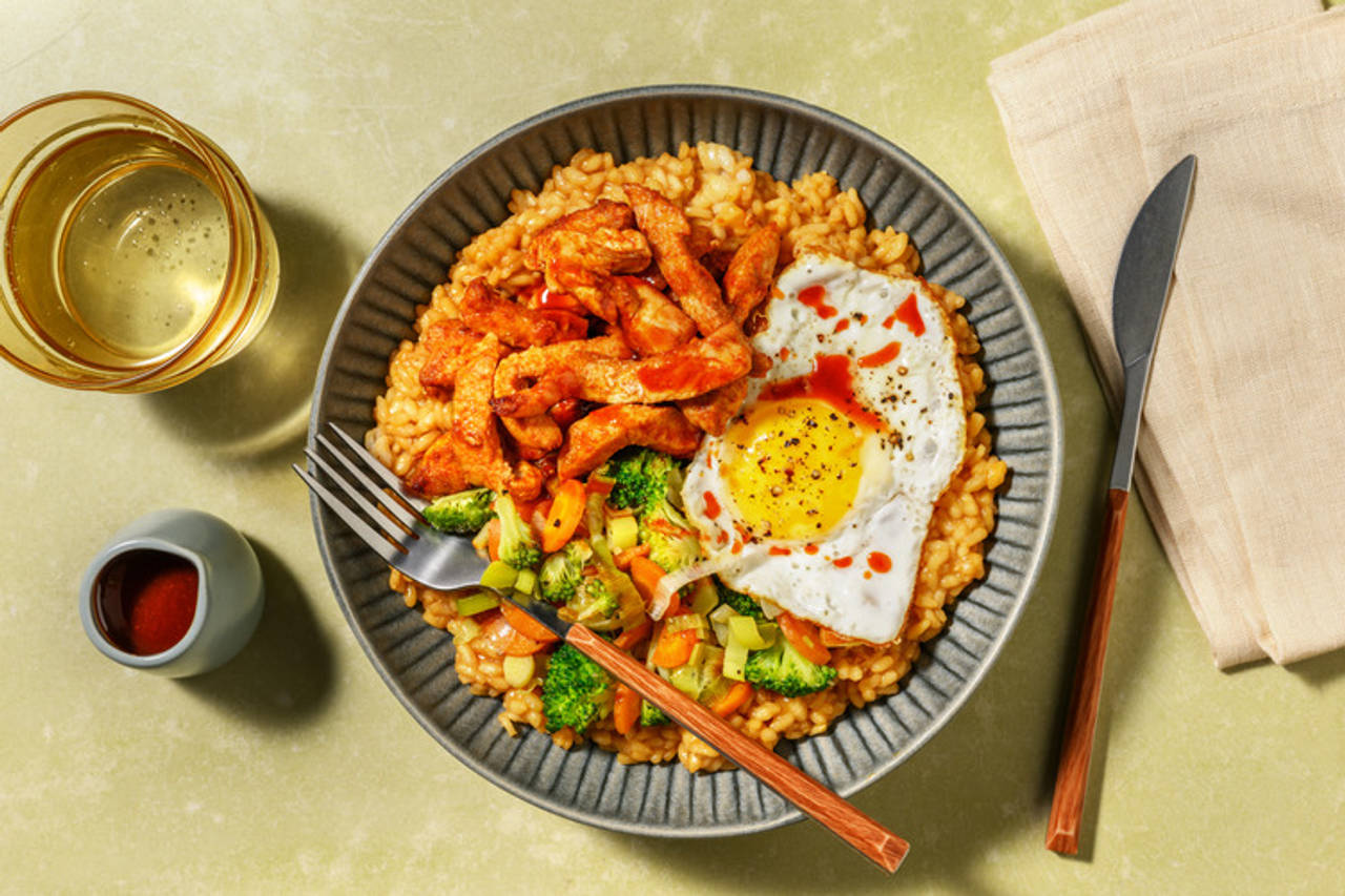 Bibimbap: extra de lomo adobado con arroz al estilo koreano con verduras salteadas, salsa de sriracha y huevo