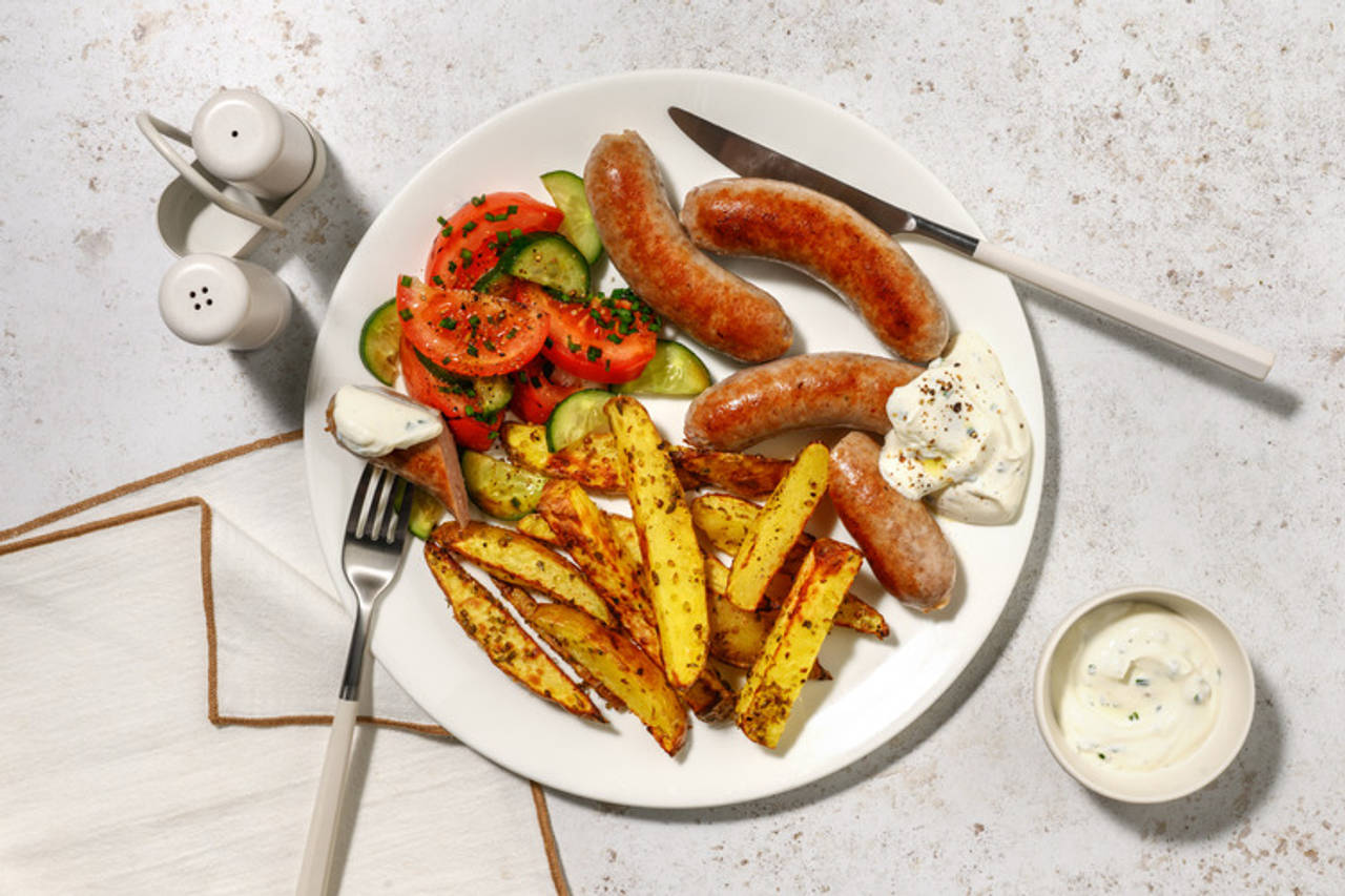 ¡Todo al horno! Salchichas de cerdo con salsa ranchera con patatas sazonadas y ensalada fresca de tomate y pepino