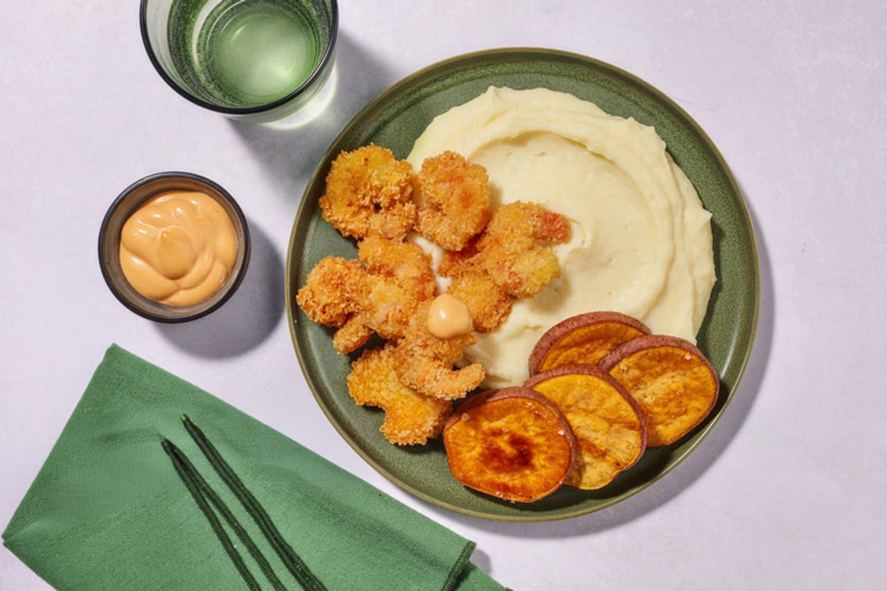 Langostinos crujientes al panko con puré de coliflor con salsa rosa y boniato asado