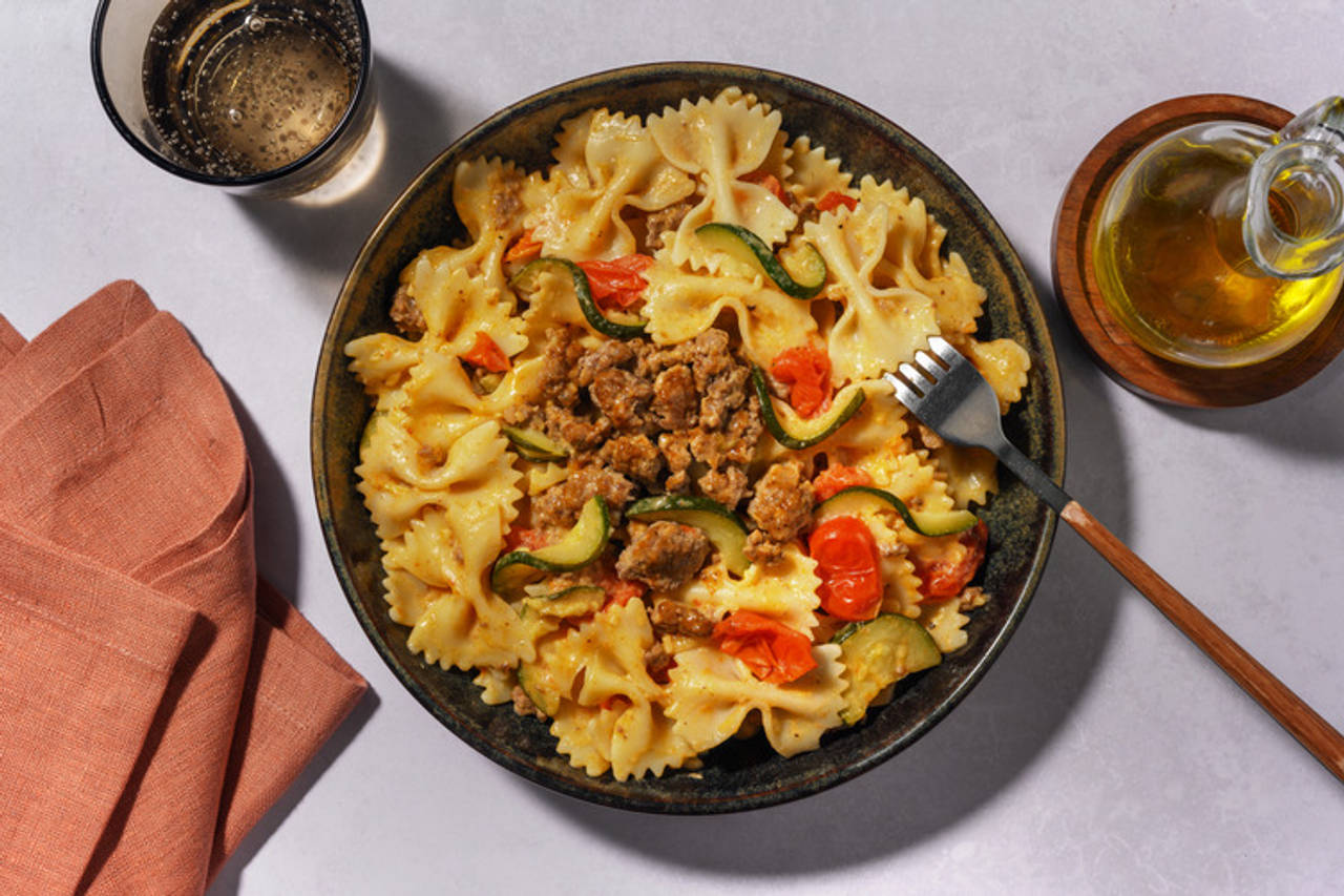Farfalle al ragù bianco: carne picada y verduritas con salsa cremosa