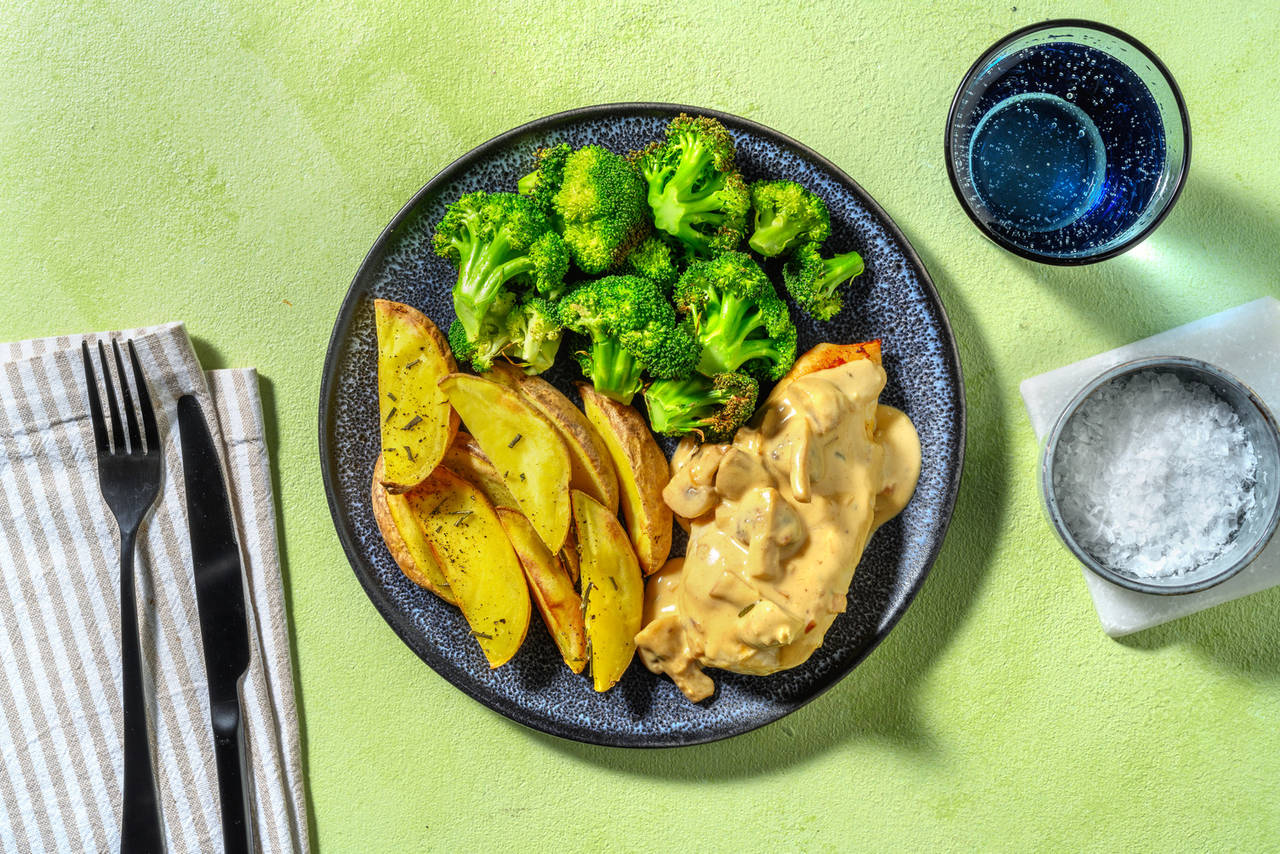 Pollo con salsa de mostaza y champiñones con patatas al romero y brócoli al horno