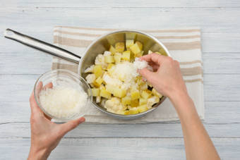 Add the pecorino to the saucepan