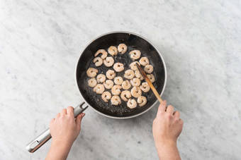 Cook poblanos and shrimp