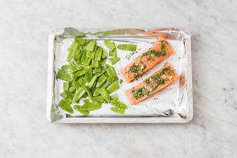Roast salmon and snap peas