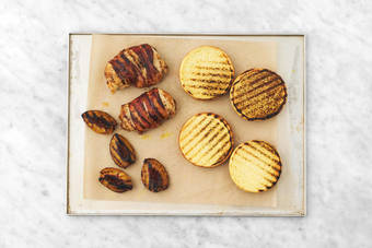 Grill chicken, stone fruit and buns