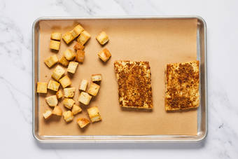 Make garlic croutons and finish tofu