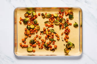 Roast sweet potatoes and Brussels sprouts