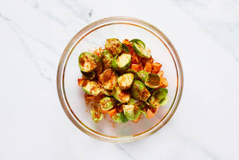 Prep sweet potatoes and Brussels sprouts