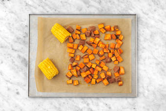 Bake the sweet potato chunks & corn 
