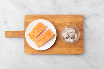 Prep shrimp and salmon