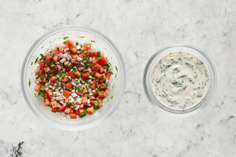 Make yogurt sauce and pico de gallo
