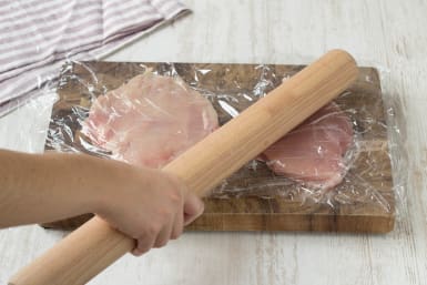 Whack the chicken breast with a rolling pin or bottom of pan