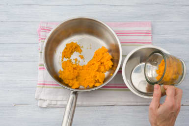 Measure out 1/4 cup of cooked sweet potato