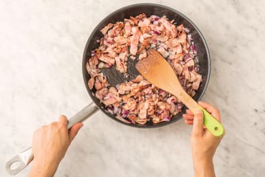 Cook the bacon and onion
