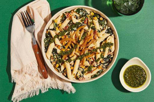 Pesto Penne Pasta Bowls with Bacon