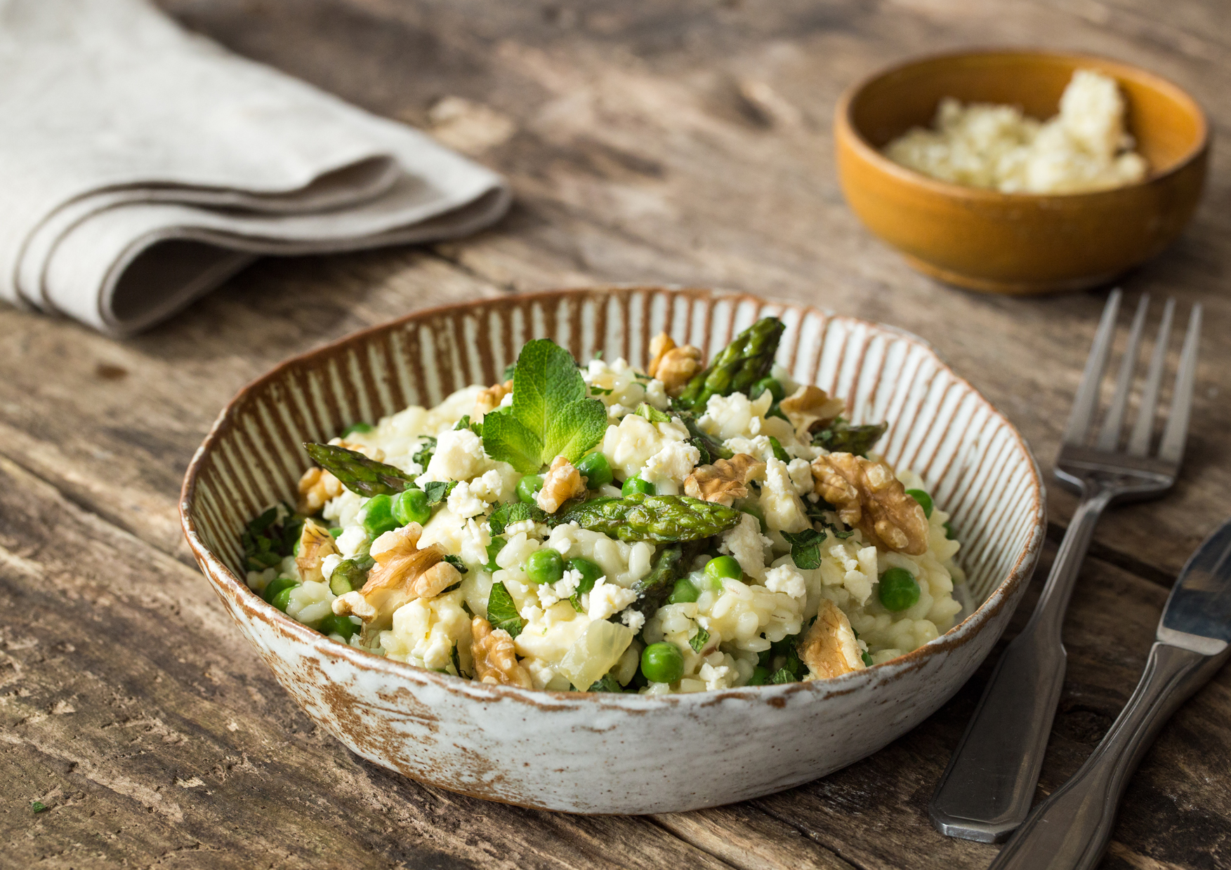 Decadently Creamy Risotto with Pan Seared Garlic Shrimp and Peas