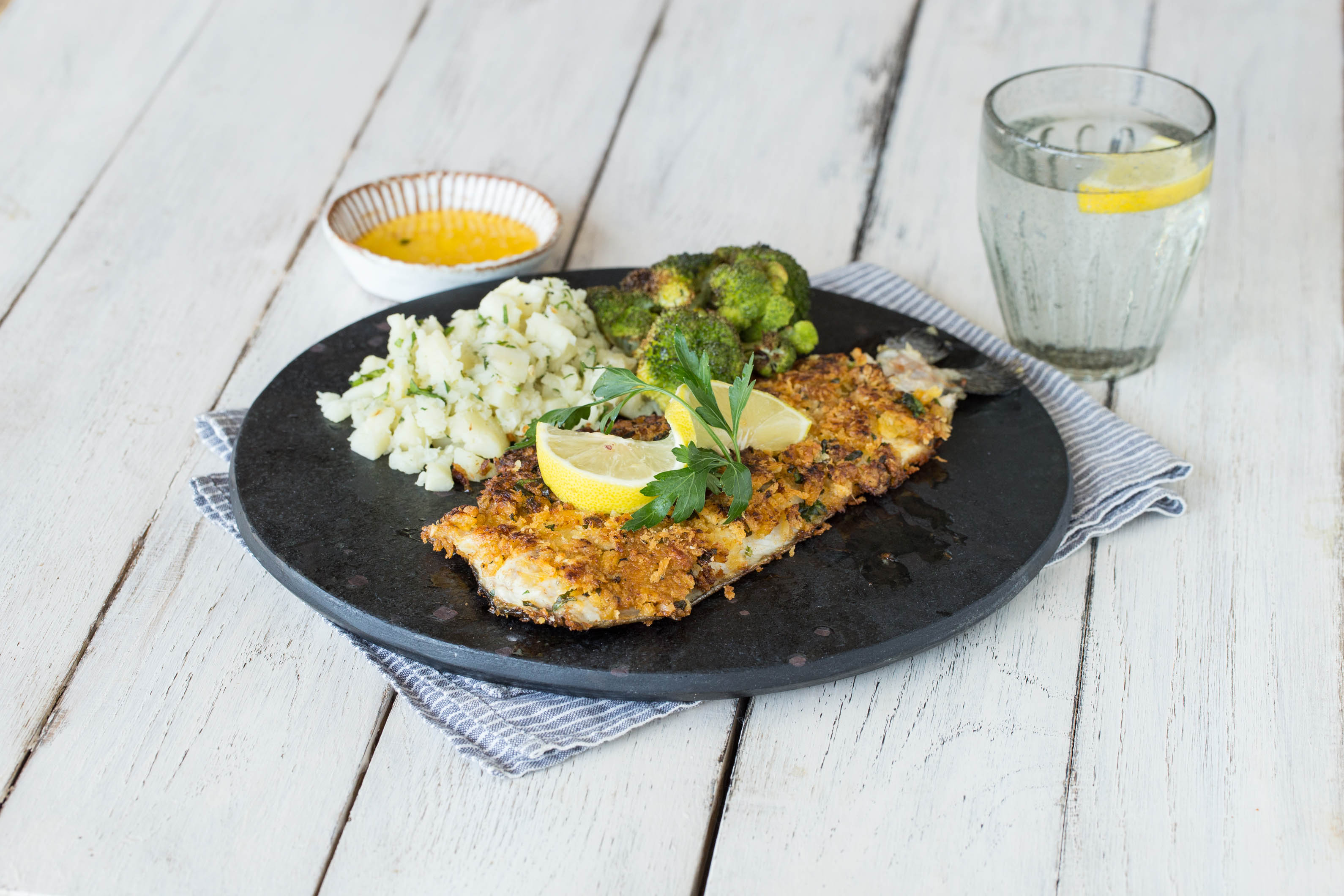 Panko-crusted Trout With Lemon-butter Sauce, Parsnip Mash, And Crispy 