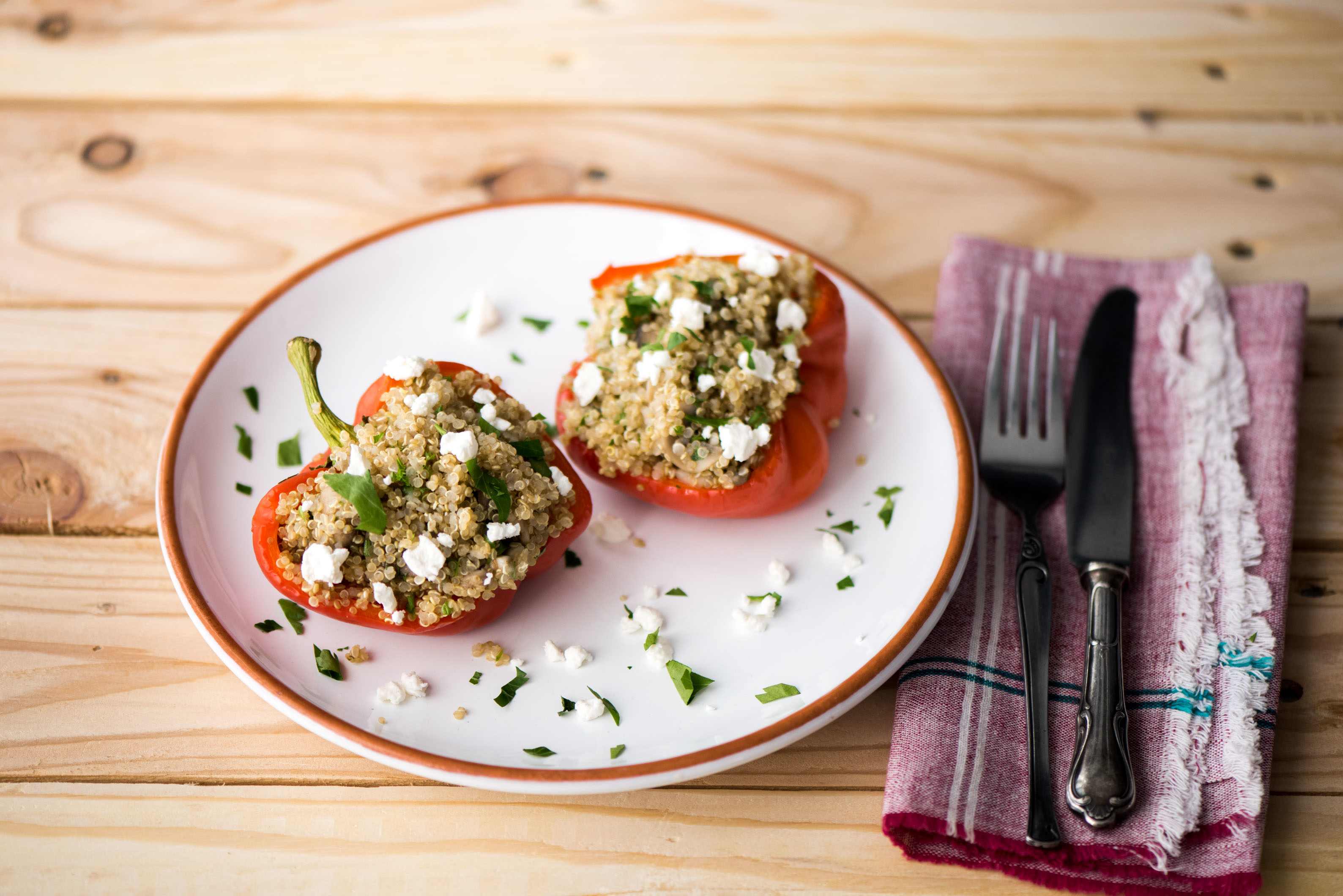 QuinoaStuffed Peppers with Feta Cheese, Mushrooms, and Shallot Recipe