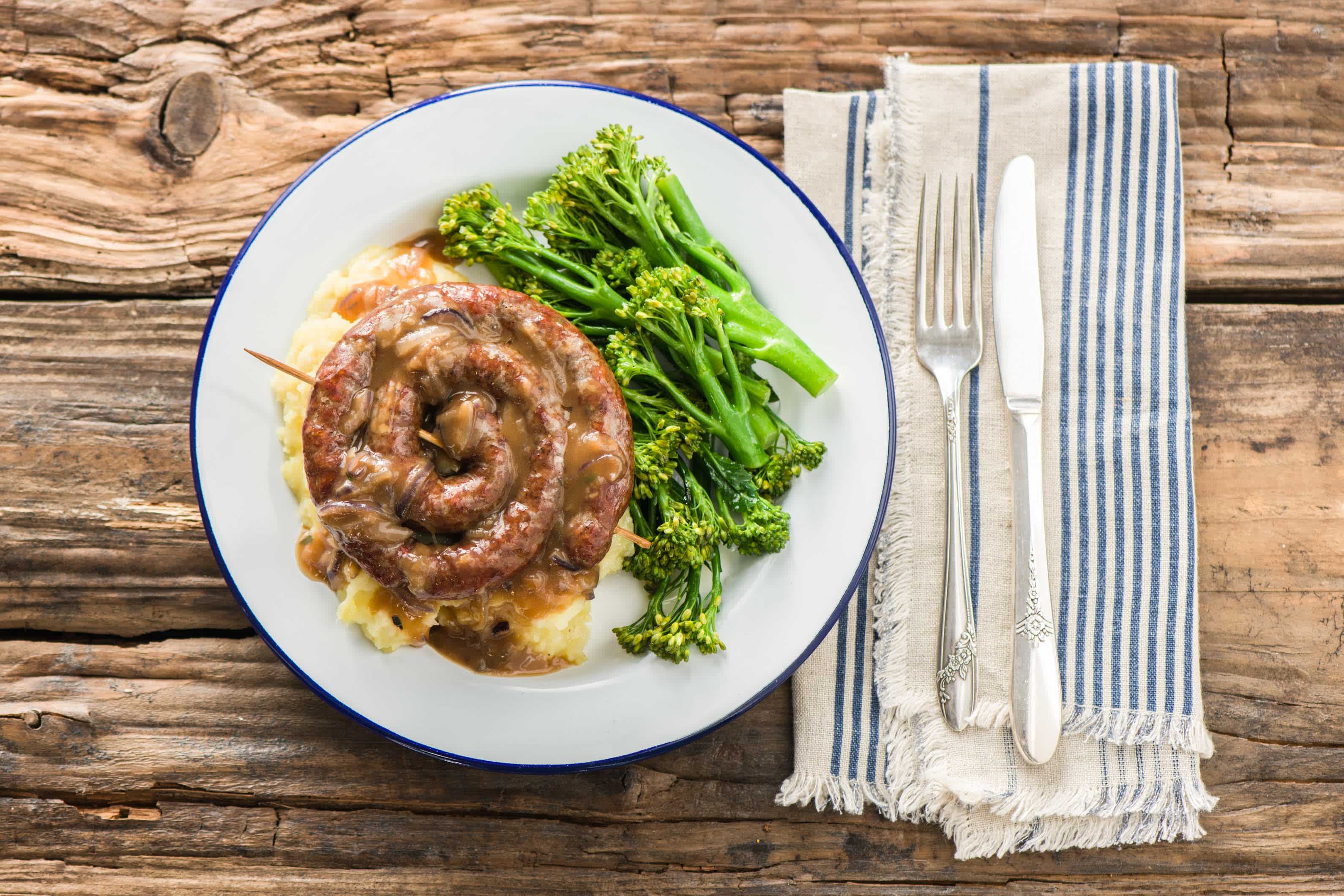 Curly Sausage, Celeriac Mash and Sticky Onion Gravy Recipe HelloFresh