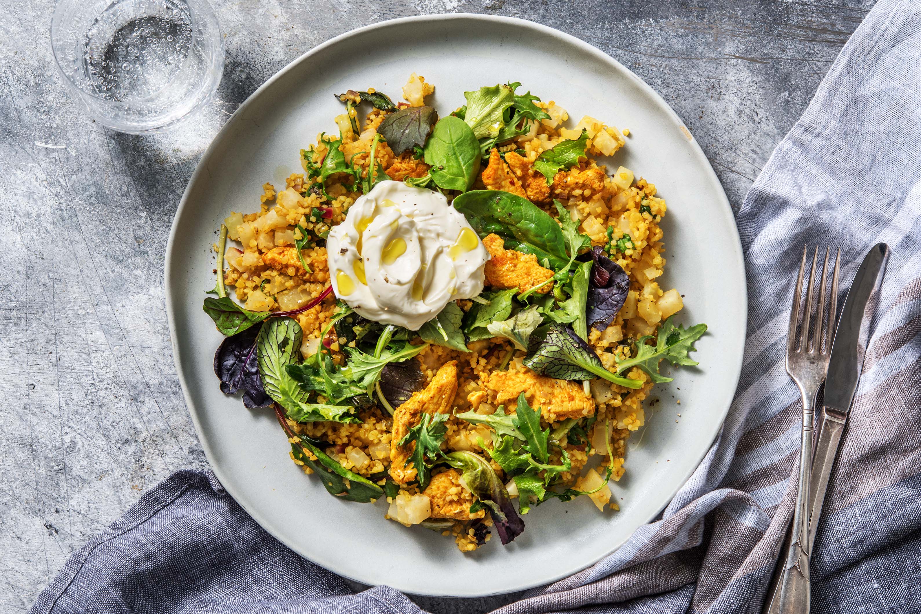 Recette pour Gyros de volaille, riz thaï et légumes étuvés