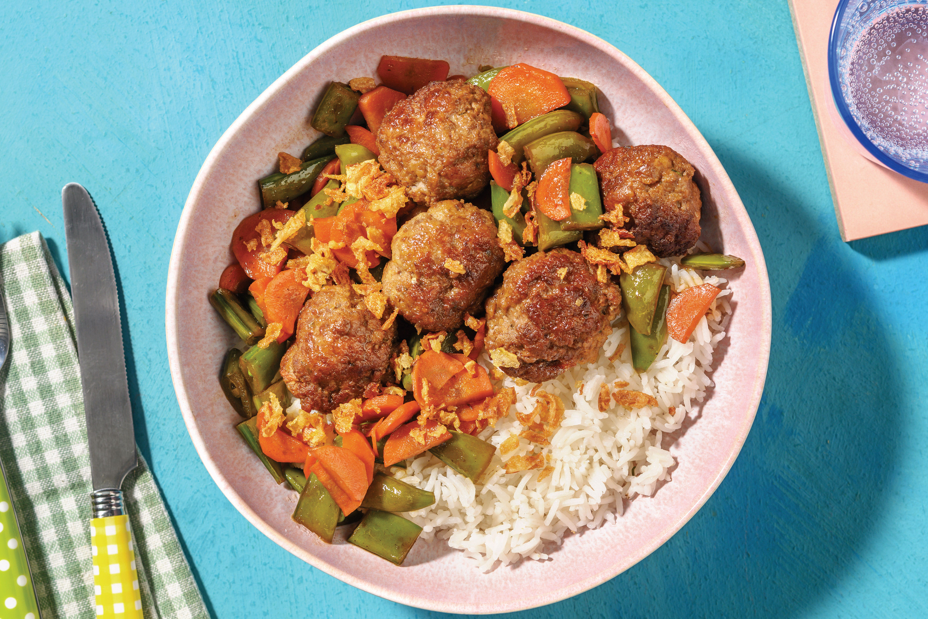 TeriyakiGlazed Meatballs & Rice with Veggie StirFry & Crispy Shallots