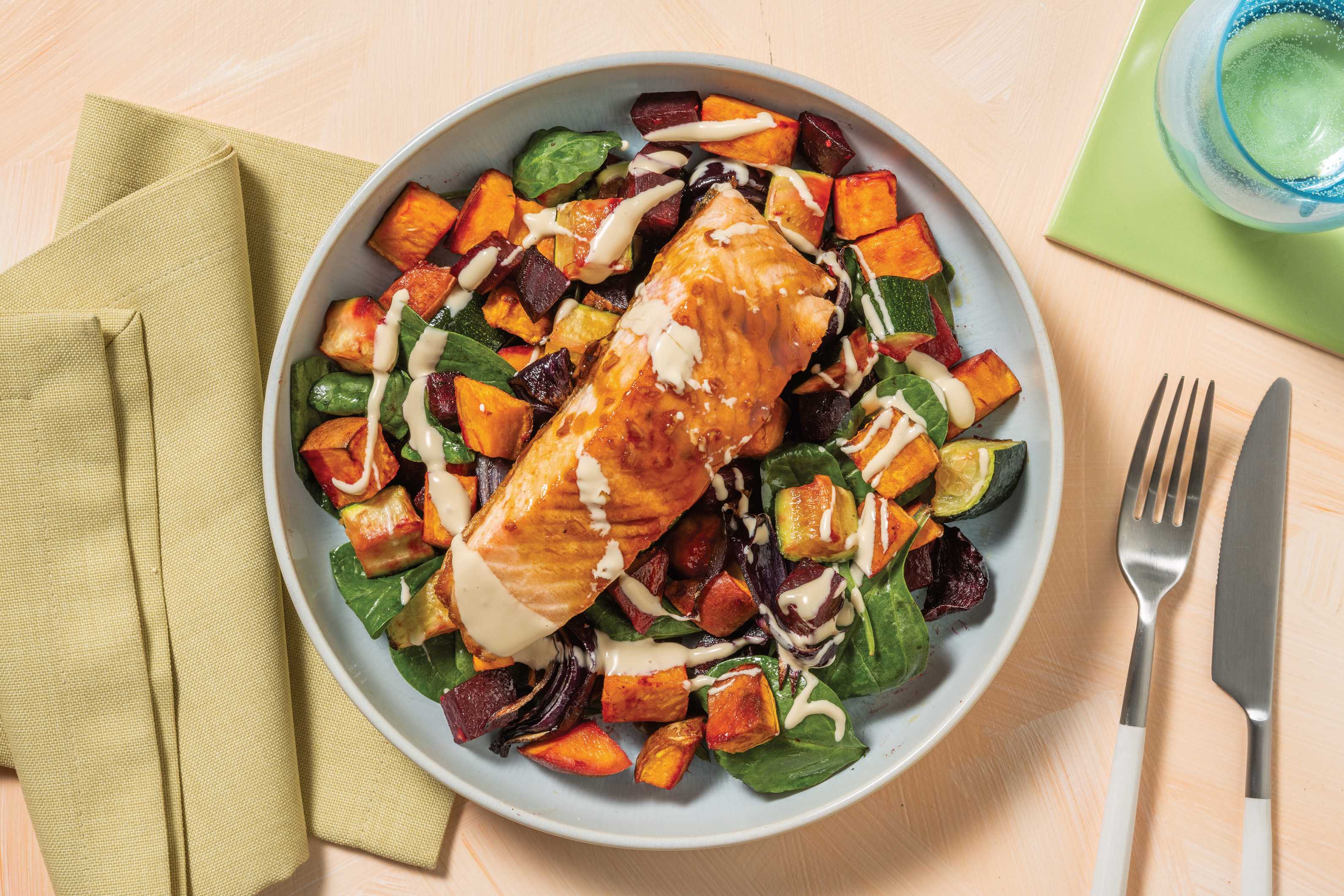 HoneySoy Garlic Salmon & Sweet Potato Toss Recipe HelloFresh