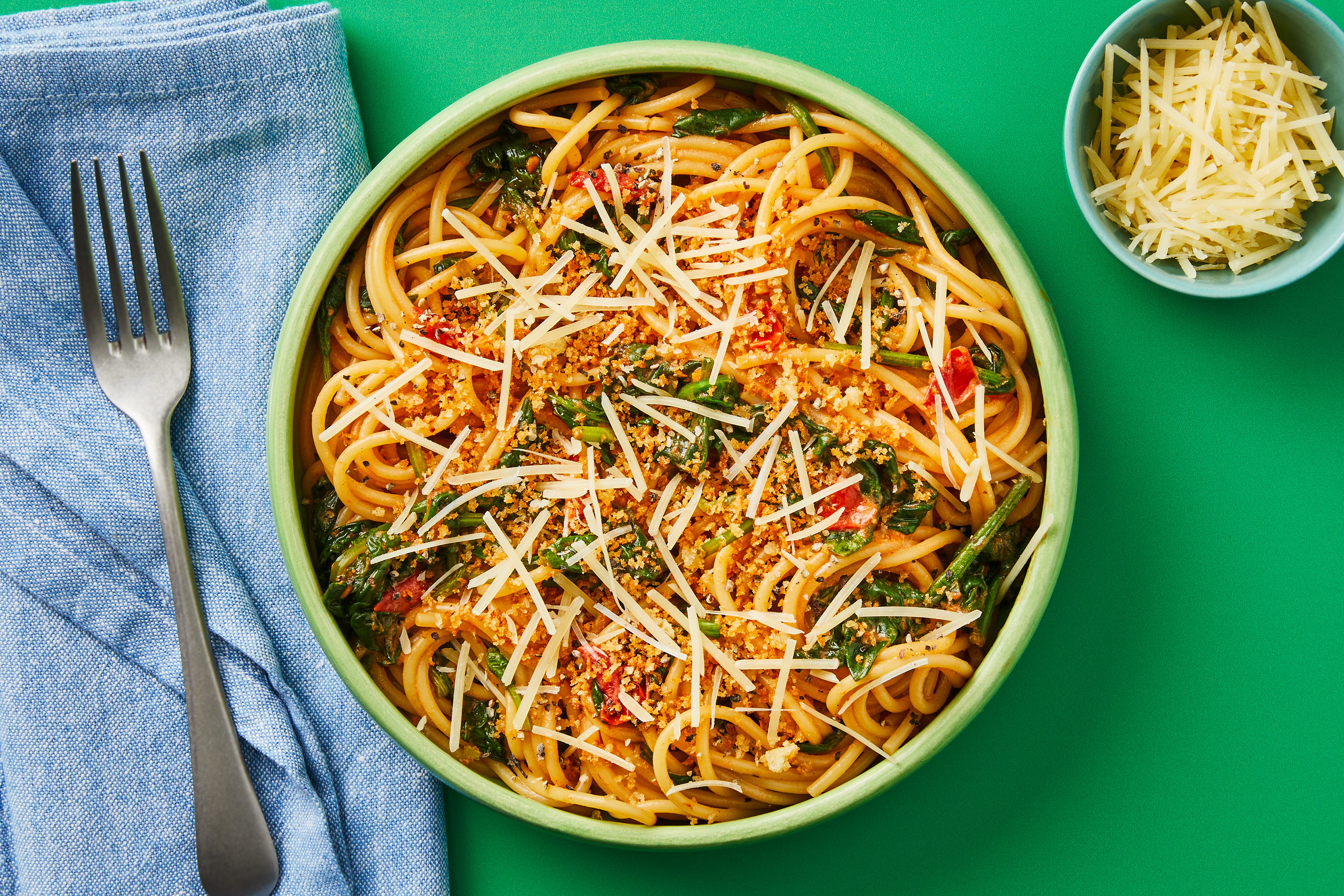 Tomato-Herb Spaghetti with a Kick plus Spinach & Toasted Garlic Panko