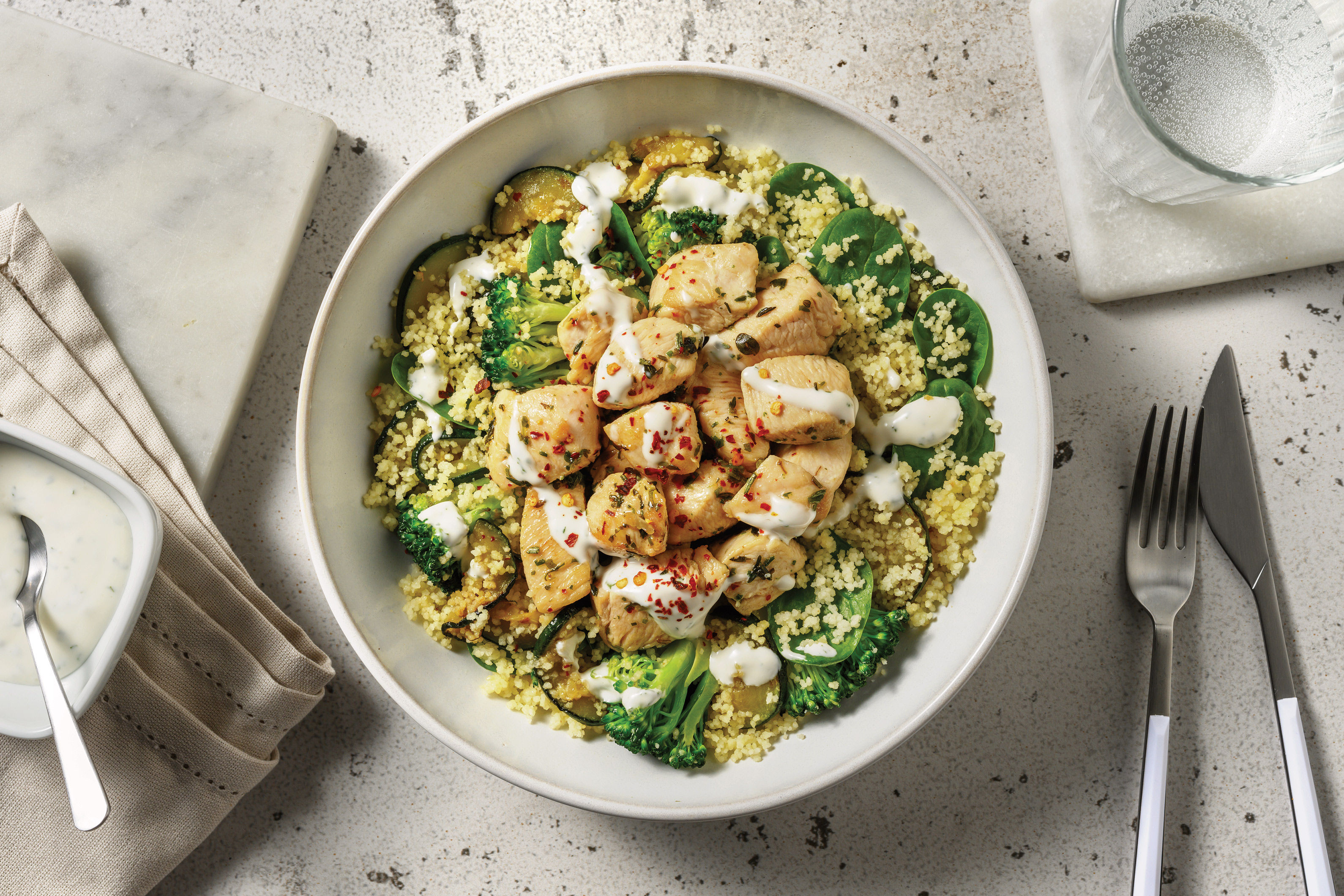 Double Mediterranean Chicken &amp; Broccoli Couscous Bowl Recipe | HelloFresh