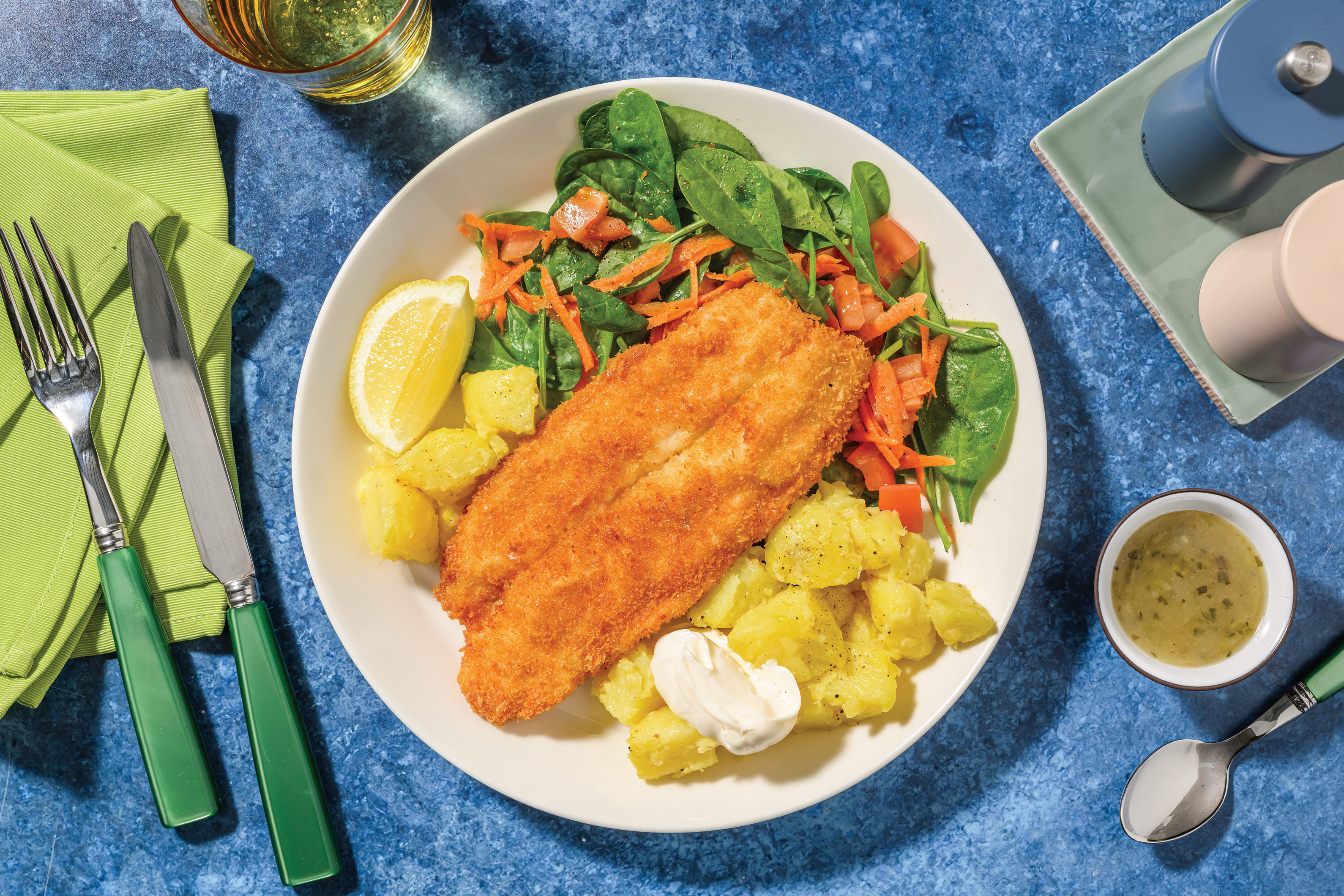 Double Crumbed Fish & Easy Lemon-Crushed Potatoes Recipe | HelloFresh