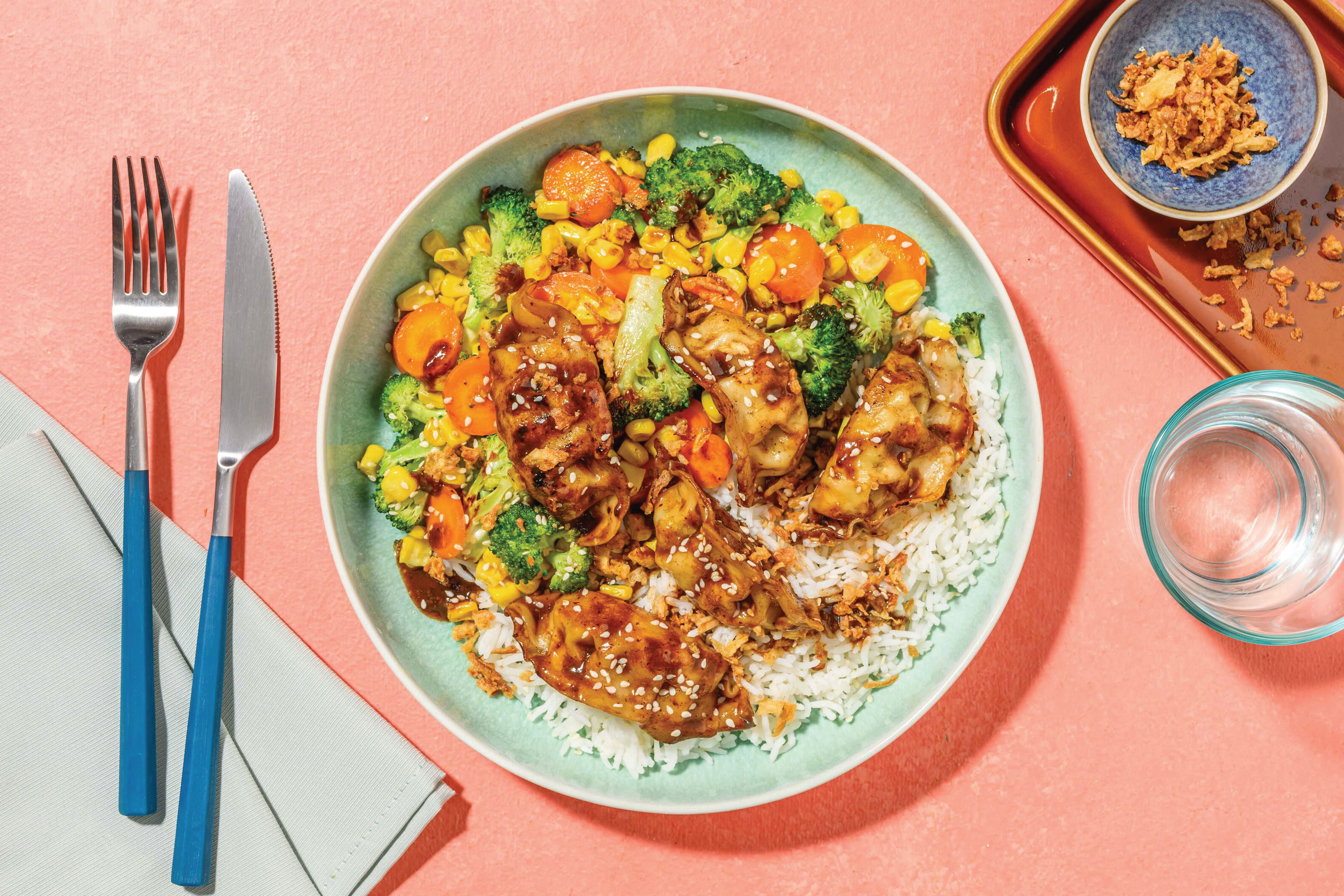 Double Teriyaki-Laced Pork Gyozas & Rice Recipe | HelloFresh