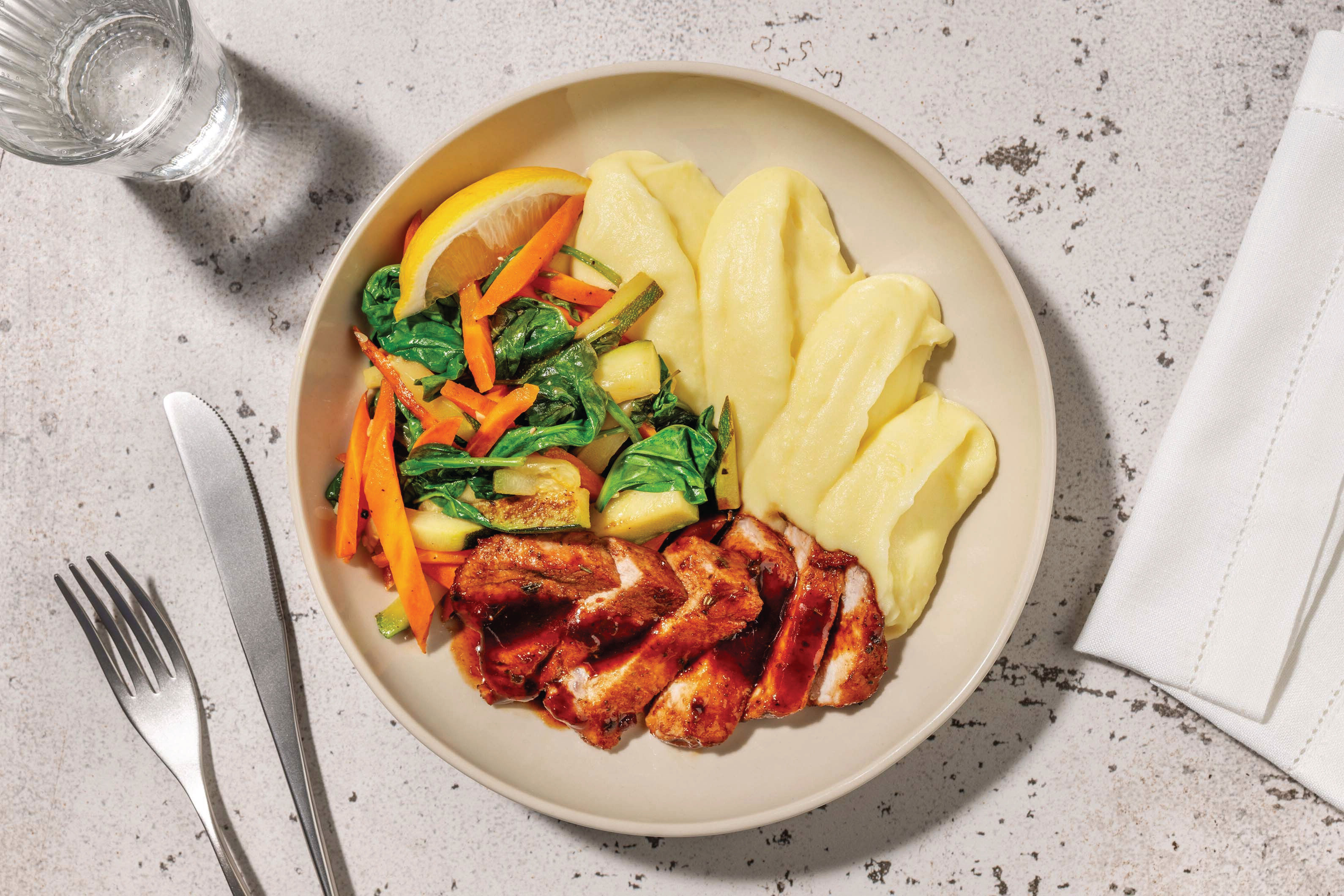 CherryGlazed Double Pork & Garlic Mash Recipe HelloFresh